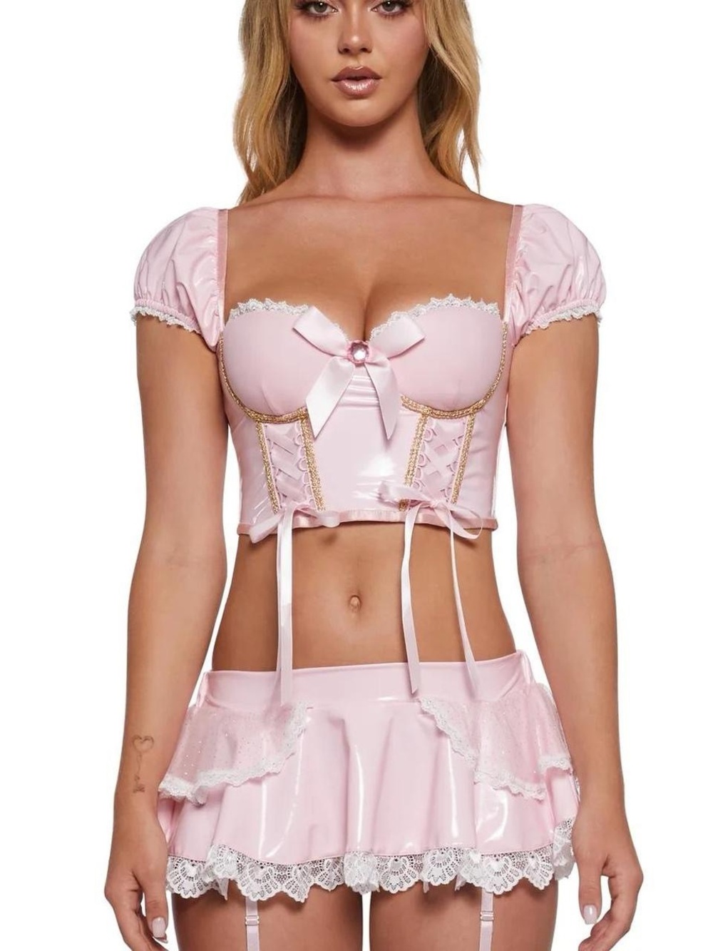 Dolls Kill Pink Satin Lace-Trim Bustier & Mini Skirt Set